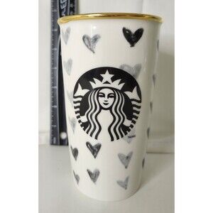 STARBUCKS BLACK HEARTS TRAVEL CERAMIC TUMBLER 12 Oz MUG CUP w/ LID gold rim 2014